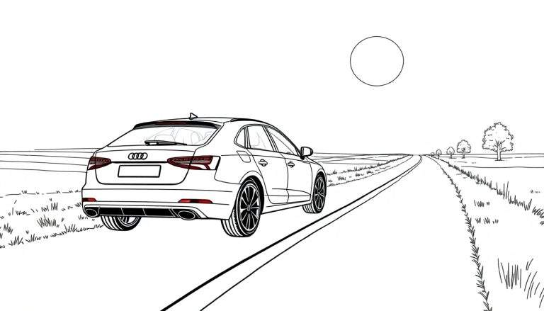 Une Audi blanche vue de l'arrière sur une route de campagne avec un cercle dans le ciel. Style dessin au trait simple.