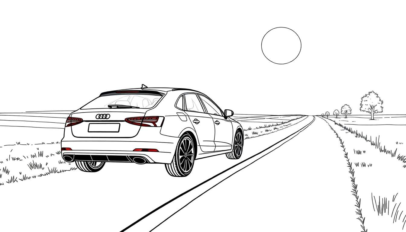 Une Audi blanche vue de l'arrière sur une route de campagne avec un cercle dans le ciel. Style dessin au trait simple.