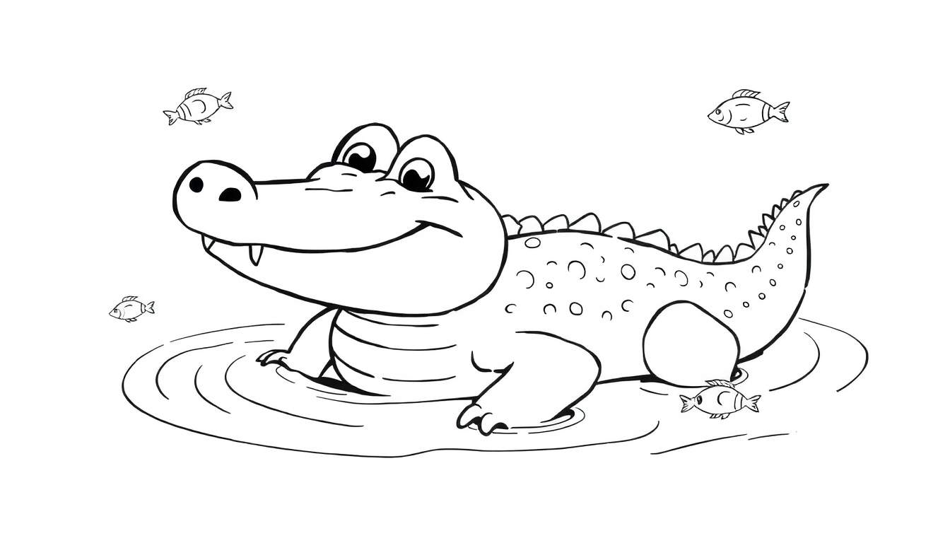 Un gentil crocodile souriant avec des épines sur le dos, nageant dans l'eau avec des poissons, parfait pour un color panel.