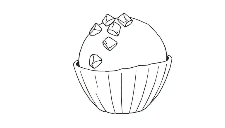 Dessin au trait d'un cupcake avec des carrés sur le dessus, dans un moule en papier, prêt à être colorié dans un color panel.
