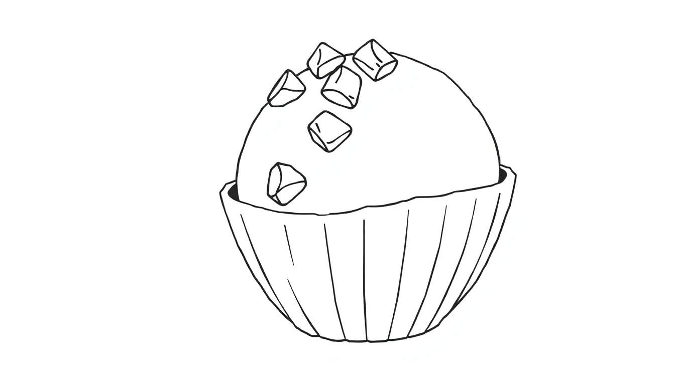 Dessin au trait d'un cupcake avec des carrés sur le dessus, dans un moule en papier, prêt à être colorié dans un color panel.