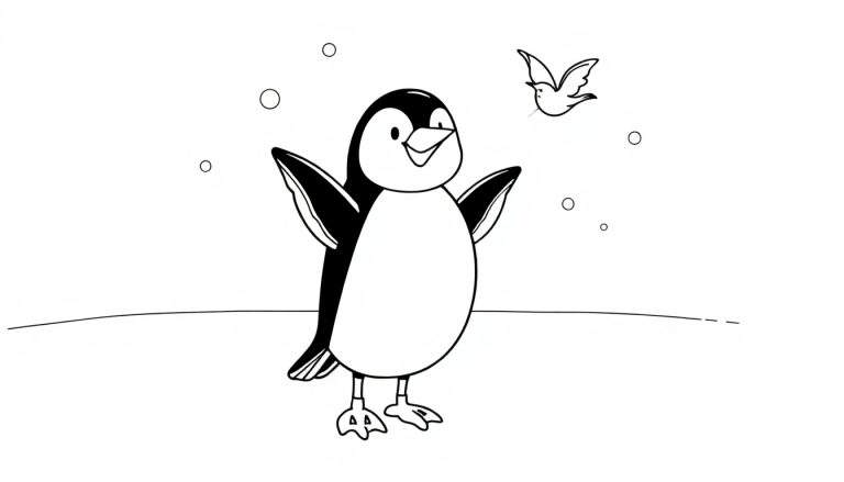 Dessin au trait noir et blanc d'un adorable pingouin avec les ailes déployées, prêt à faire un câlin, dans un paysage enneigé avec un petit oiseau volant au-dessus. Formes circulaires suggérant des flocons de neige sont dispersées dans l'air. Le style est simple et enfantin, avec un color panel minimaliste.