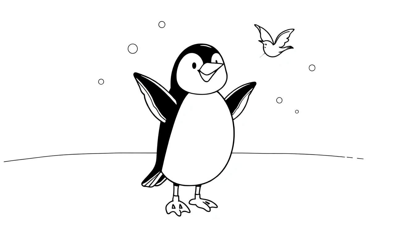 Dessin au trait noir et blanc d'un adorable pingouin avec les ailes déployées, prêt à faire un câlin, dans un paysage enneigé avec un petit oiseau volant au-dessus. Formes circulaires suggérant des flocons de neige sont dispersées dans l'air. Le style est simple et enfantin, avec un color panel minimaliste.