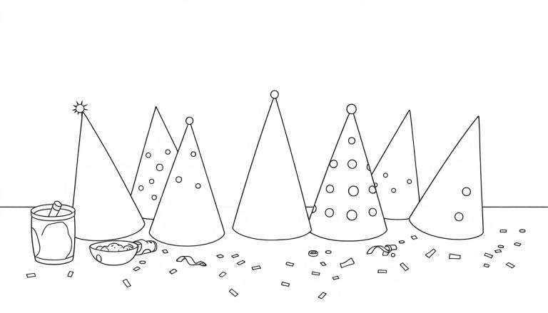 Chapeaux de fête à décorer, une tasse remplie de dynamite simulée et des confettis, style dessin au trait.