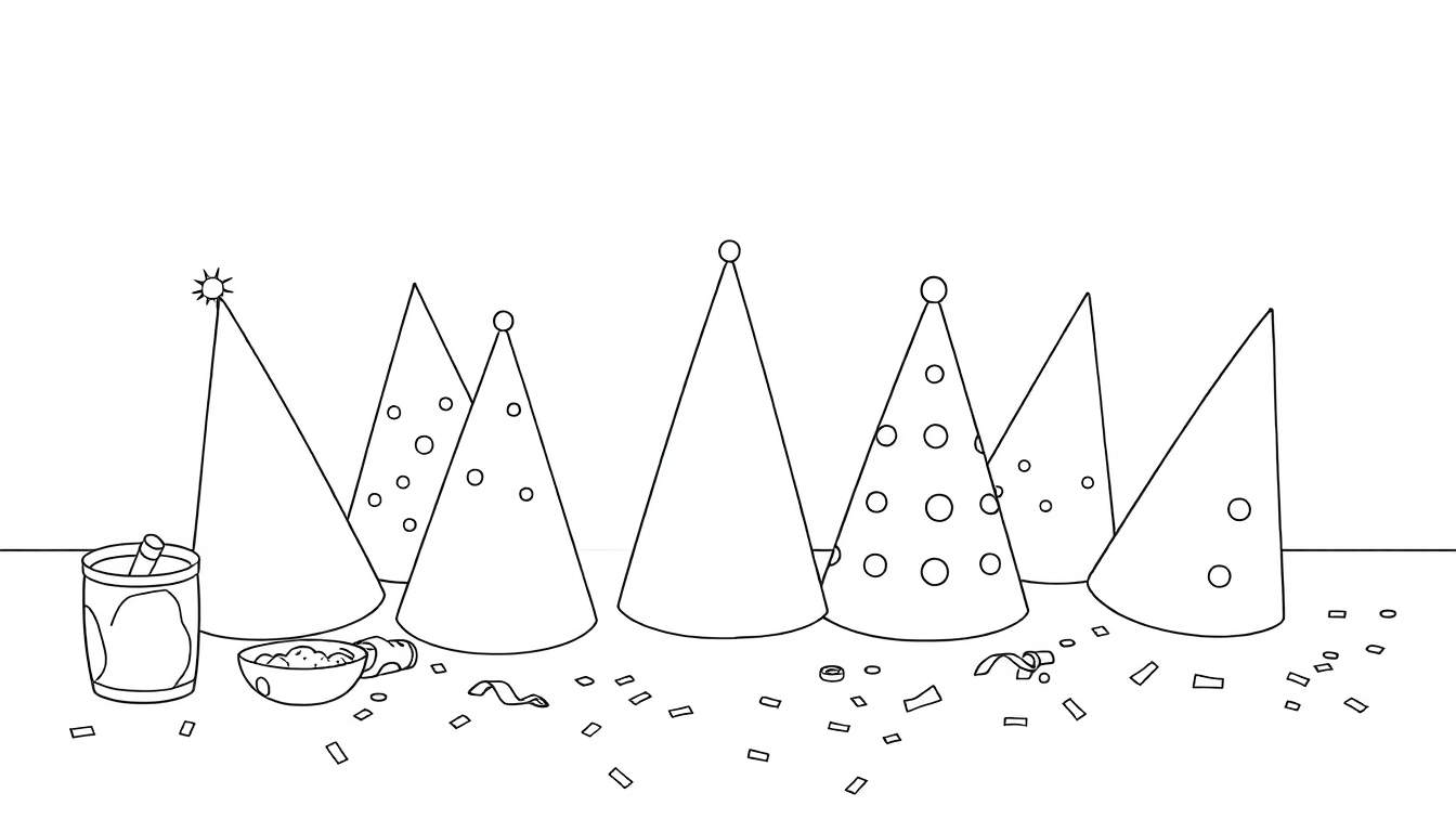 Chapeaux de fête à décorer, une tasse remplie de dynamite simulée et des confettis, style dessin au trait.