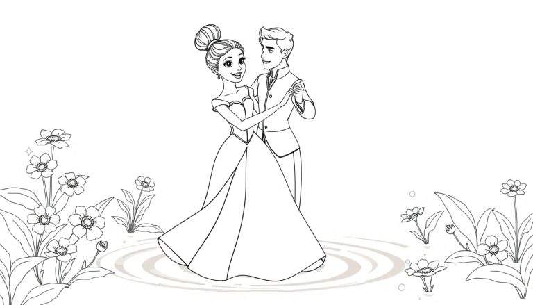 Dessin en noir et blanc d'une princesse et d'un prince dansant sur l'eau, entourés de fleurs, parfait pour un color panel.