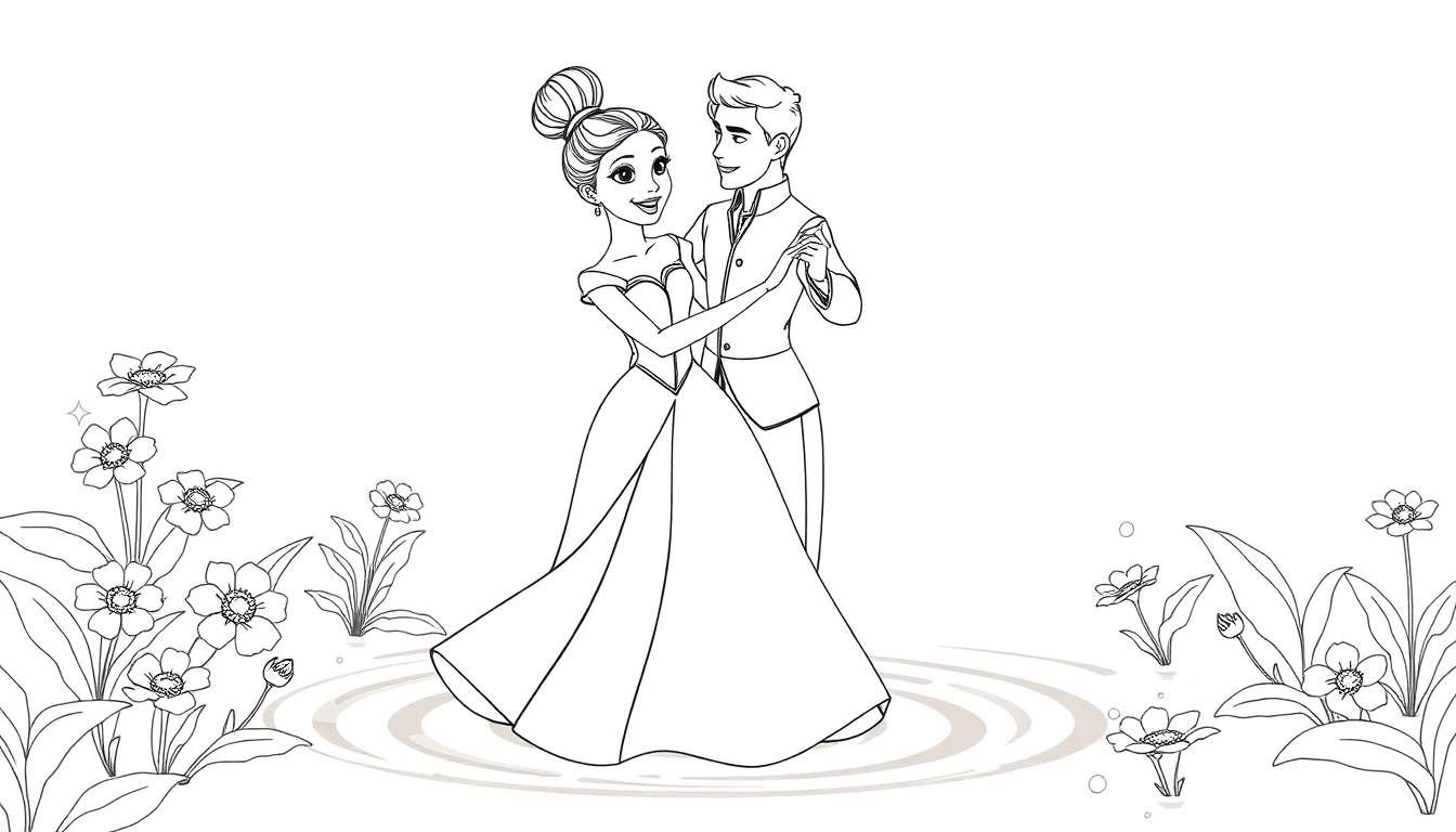 Dessin en noir et blanc d'une princesse et d'un prince dansant sur l'eau, entourés de fleurs, parfait pour un color panel.