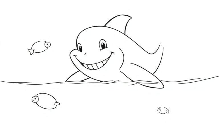 Un dessin au trait d'un dauphin souriant nageant avec de petits poissons.