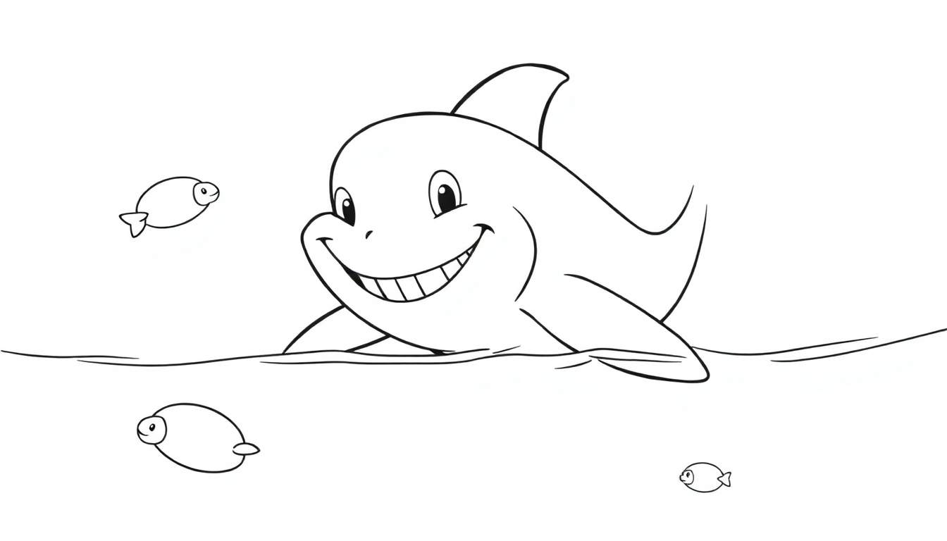Un dessin au trait d'un dauphin souriant nageant avec de petits poissons.