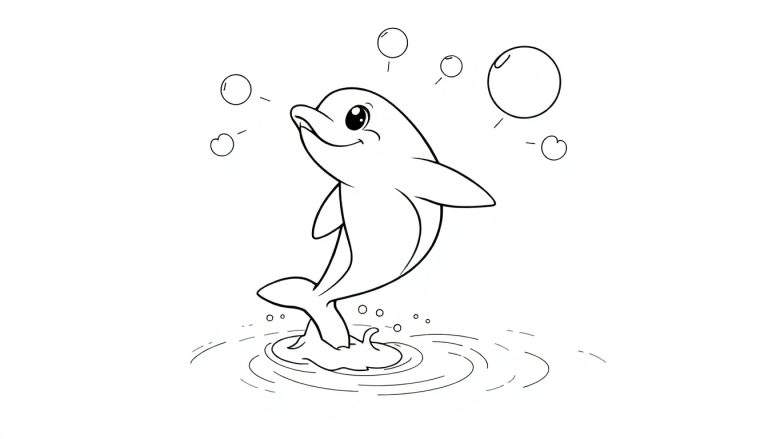 Dessin d'un dauphin souriant avec des bulles, prêt pour un coloriage sur un panneau de couleur.