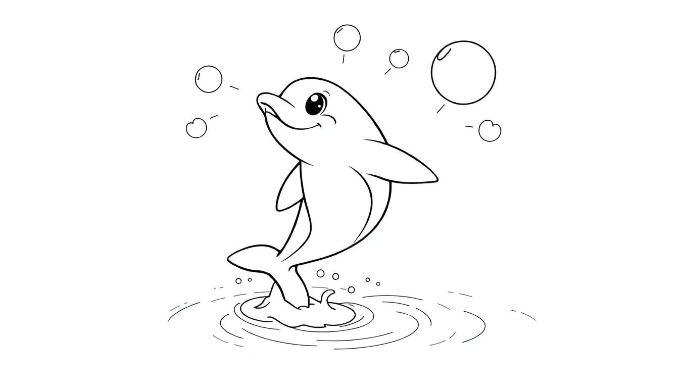 Dessin d'un dauphin souriant avec des bulles, prêt pour un coloriage sur un panneau de couleur.