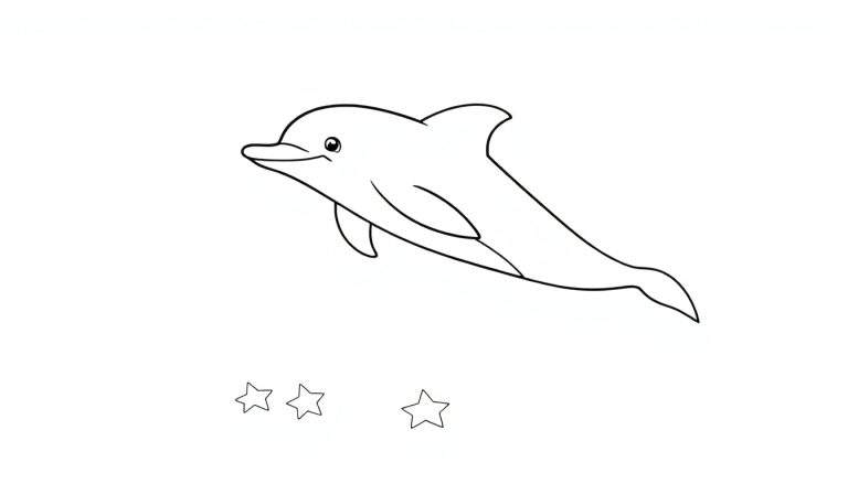 Un dessin au trait noir et blanc d'un dauphin souriant nageant au-dessus de trois étoiles.