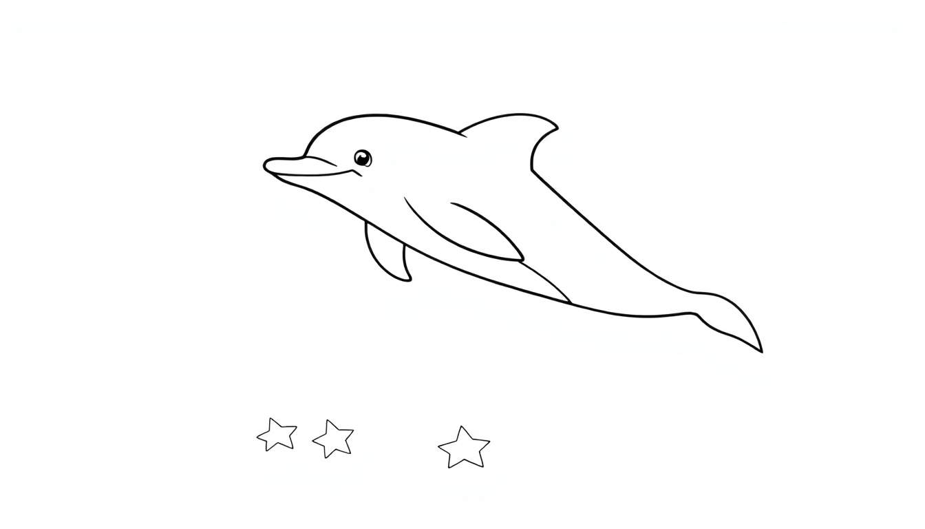 Un dessin au trait noir et blanc d'un dauphin souriant nageant au-dessus de trois étoiles.