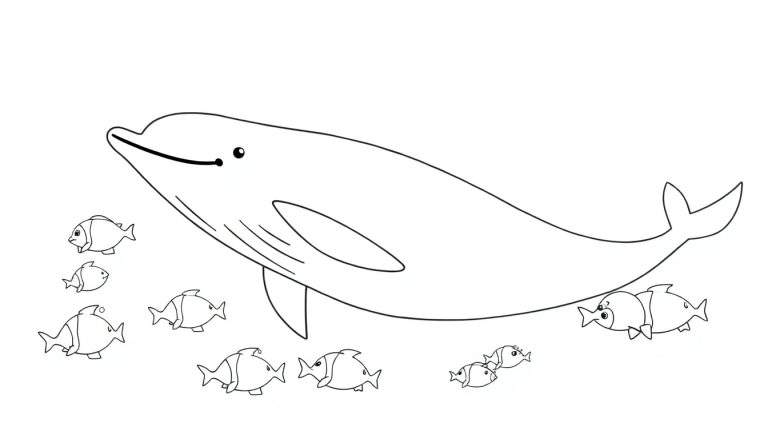 Dessin au trait d'un dauphin joyeux entouré de petits poissons, parfait pour un color panel.