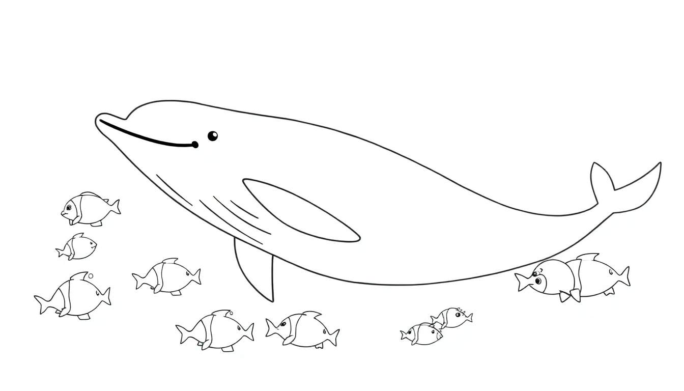 Dessin au trait d'un dauphin joyeux entouré de petits poissons, parfait pour un color panel.