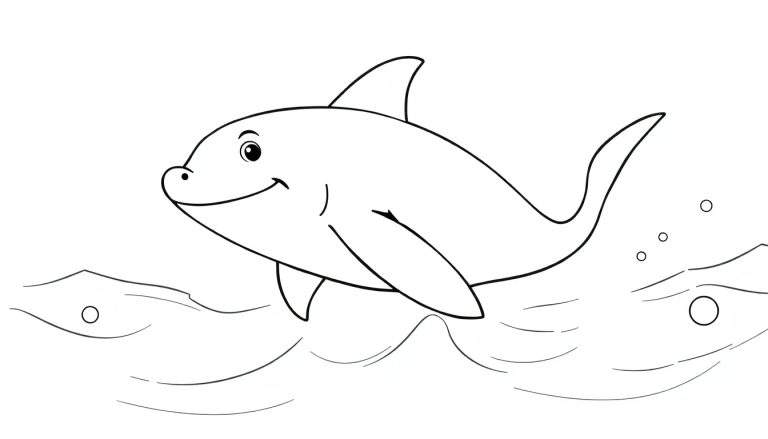 Dessin au trait d'un dauphin souriant sautant hors de l'eau, style coloriage.