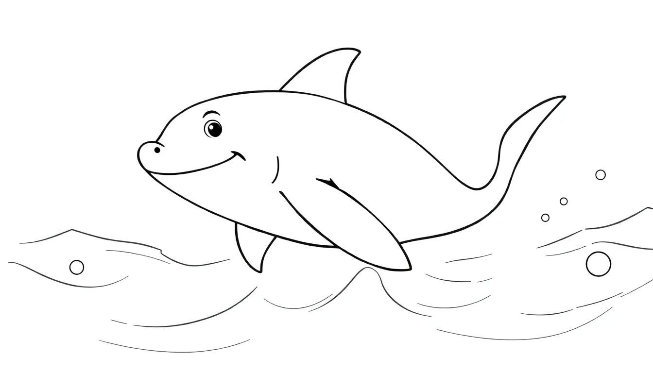 Dessin au trait d'un dauphin souriant sautant hors de l'eau, style coloriage.