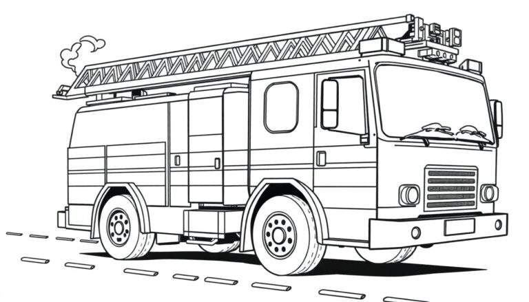 Un dessin au trait d'un camion de pompiers rouge avec une échelle, prêt pour le color panel.