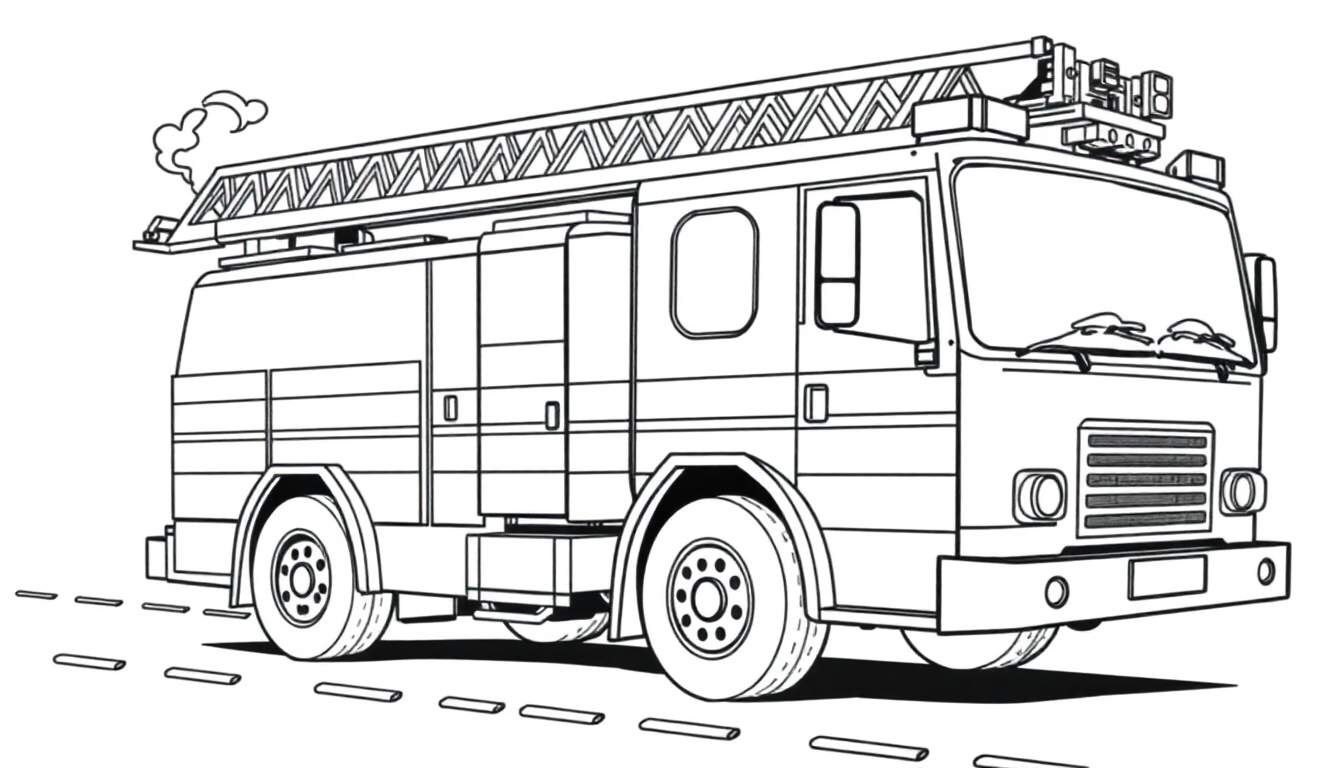Un dessin au trait d'un camion de pompiers rouge avec une échelle, prêt pour le color panel.