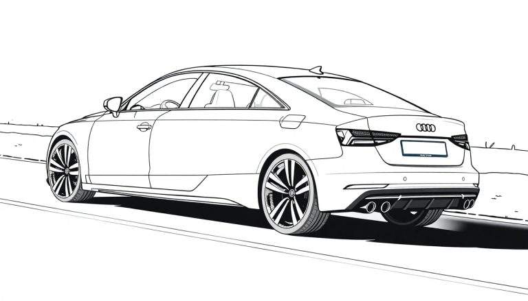 Une voiture Audi dessinée en noir et blanc vue de trois quarts arrière, sur une route, prête pour le color panel.