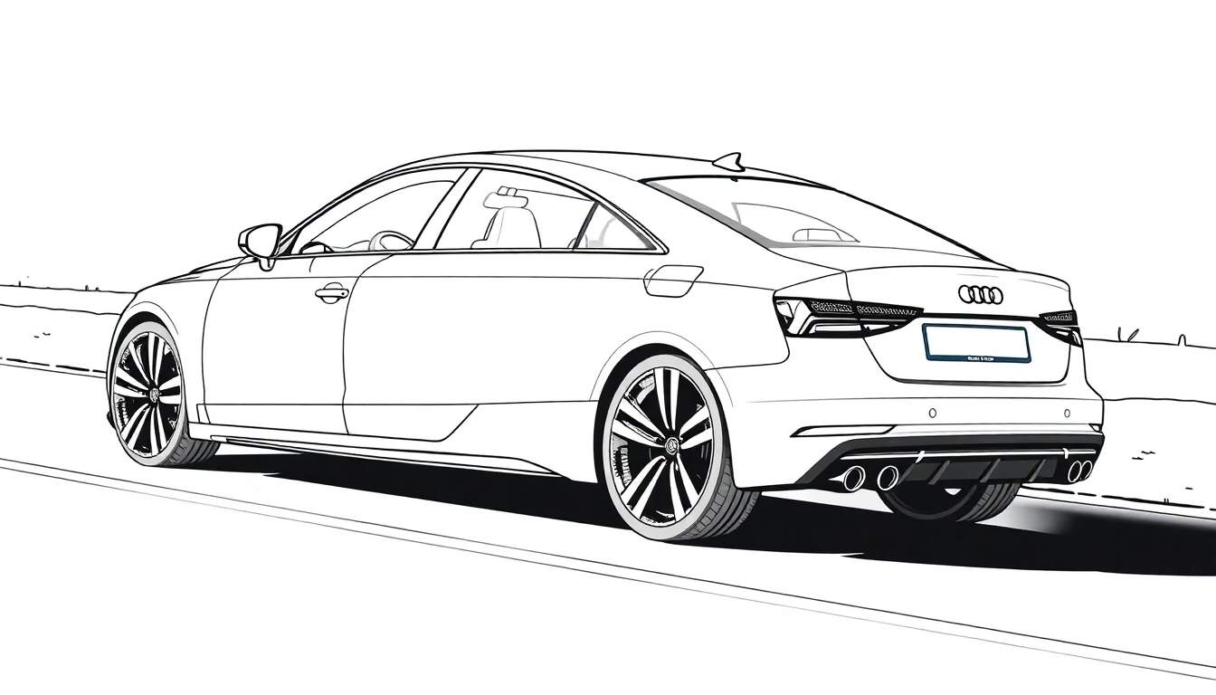 Une voiture Audi dessinée en noir et blanc vue de trois quarts arrière, sur une route, prête pour le color panel.