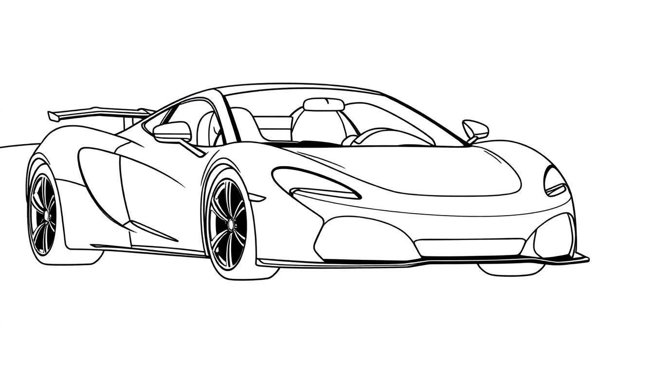 Dessin au trait d'une voiture de sport McLaren profil bas avec aileron arrière détaillé, roues et sièges visibles. Un color panel pour la peinture.