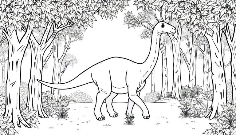 Un dessin au trait noir et blanc d'un dinosaure au long cou marchant dans une forêt, ressemblant à un panneau à colorier.