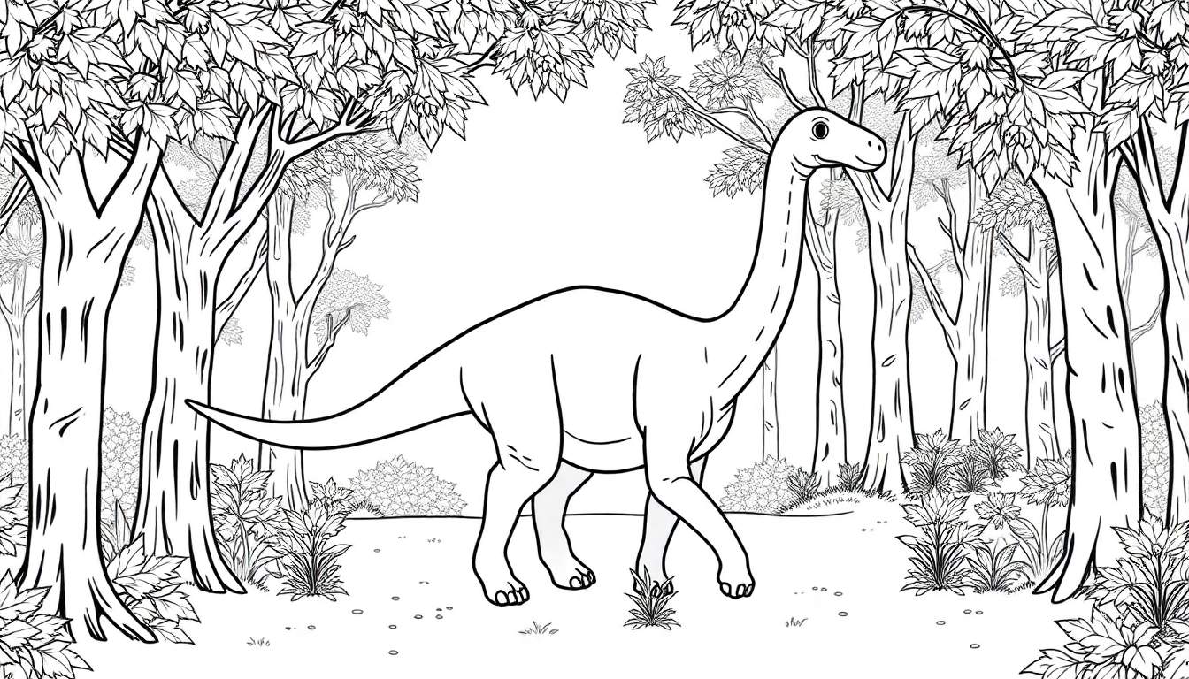 Un dessin au trait noir et blanc d'un dinosaure au long cou marchant dans une forêt, ressemblant à un panneau à colorier.