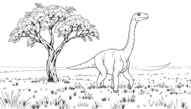 Un dessin au trait noir et blanc d'un dinosaure à long cou près d'un arbre dans un champ.