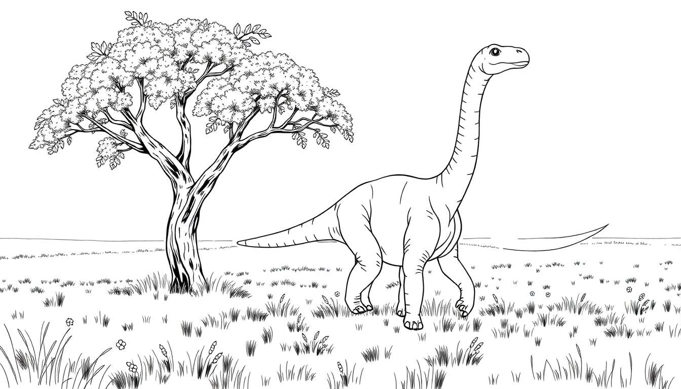 Un dessin au trait noir et blanc d'un dinosaure à long cou près d'un arbre dans un champ.