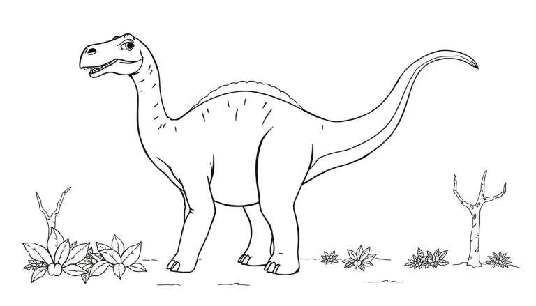 Dessin au trait d'un Diplodocus dans un paysage minimaliste, prêt à être colorisé.