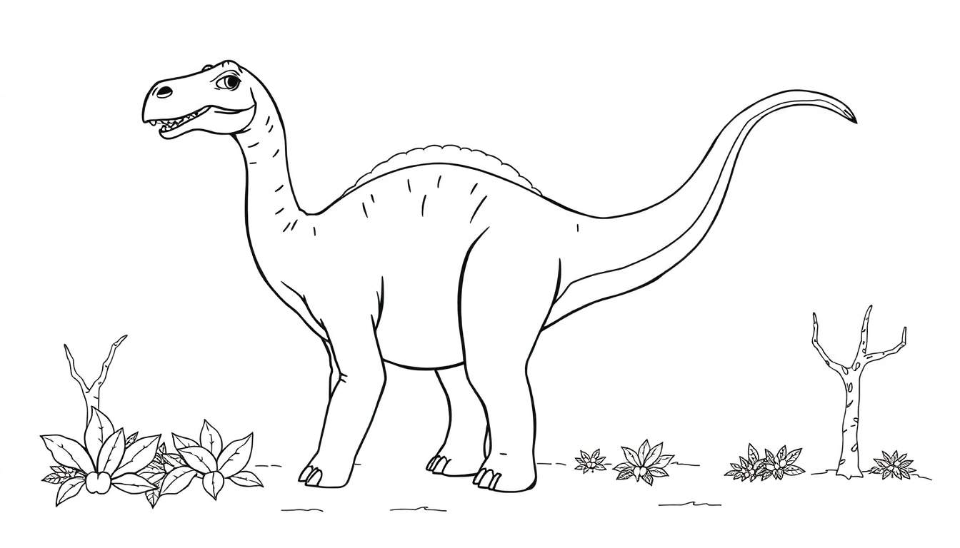 Dessin au trait d'un Diplodocus dans un paysage minimaliste, prêt à être colorisé.