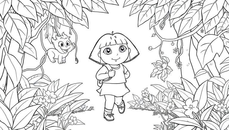 Illustration en noir et blanc de Dora l'exploratrice et Babouche dans une jungle, pour un color panel.