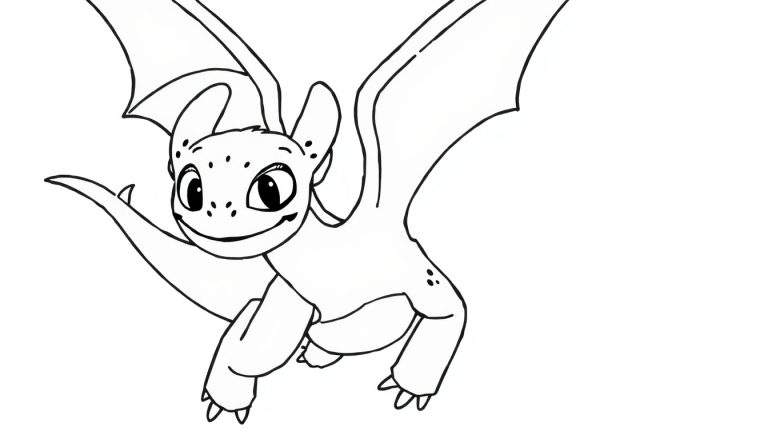 Dessin au trait d'un dragon de dessin animé souriant avec des ailes repliées.