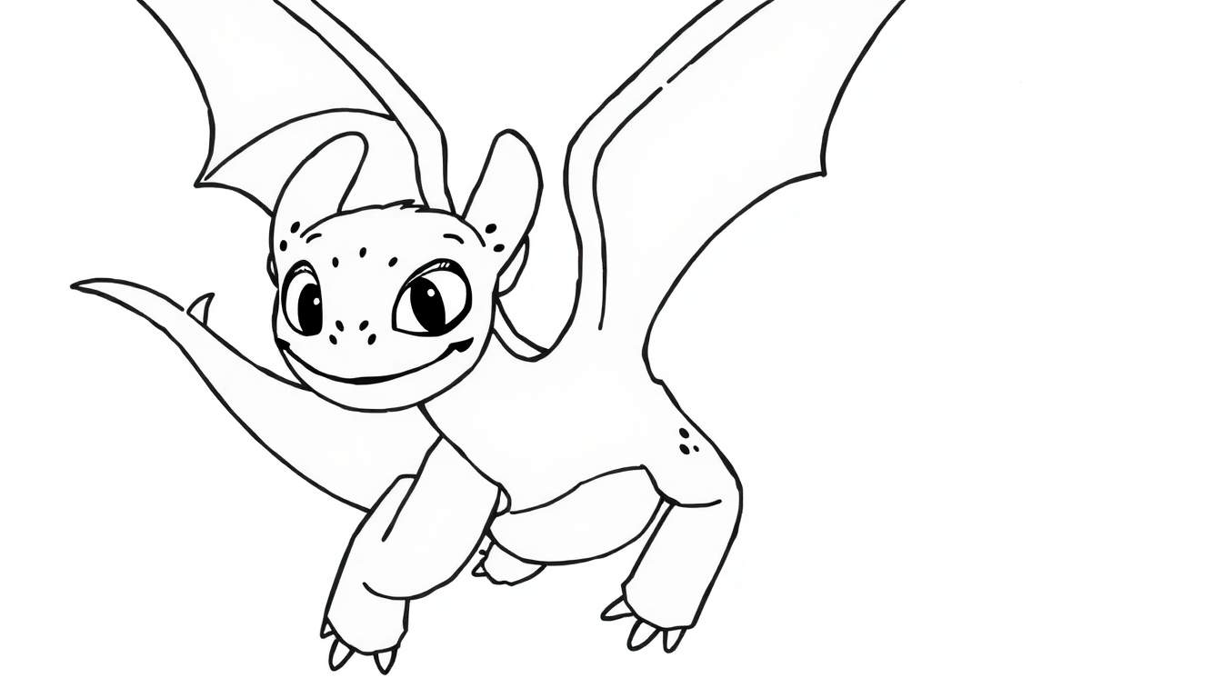 Dessin au trait d'un dragon de dessin animé souriant avec des ailes repliées.