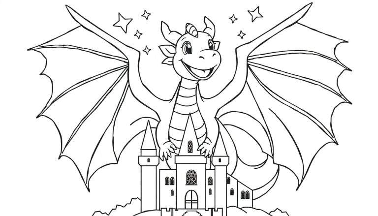 Dessin au trait d'un dragon souriant avec des ailes déployées planant au-dessus d'un château, style page à colorier.