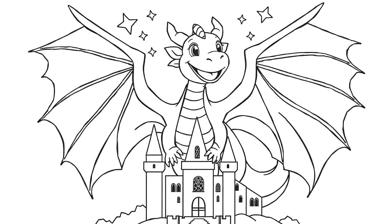 Dessin au trait d'un dragon souriant avec des ailes déployées planant au-dessus d'un château, style page à colorier.