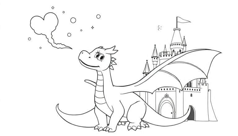 Dragon de dessin animé amical soufflant un cœur devant un château, prêt pour un color panel.