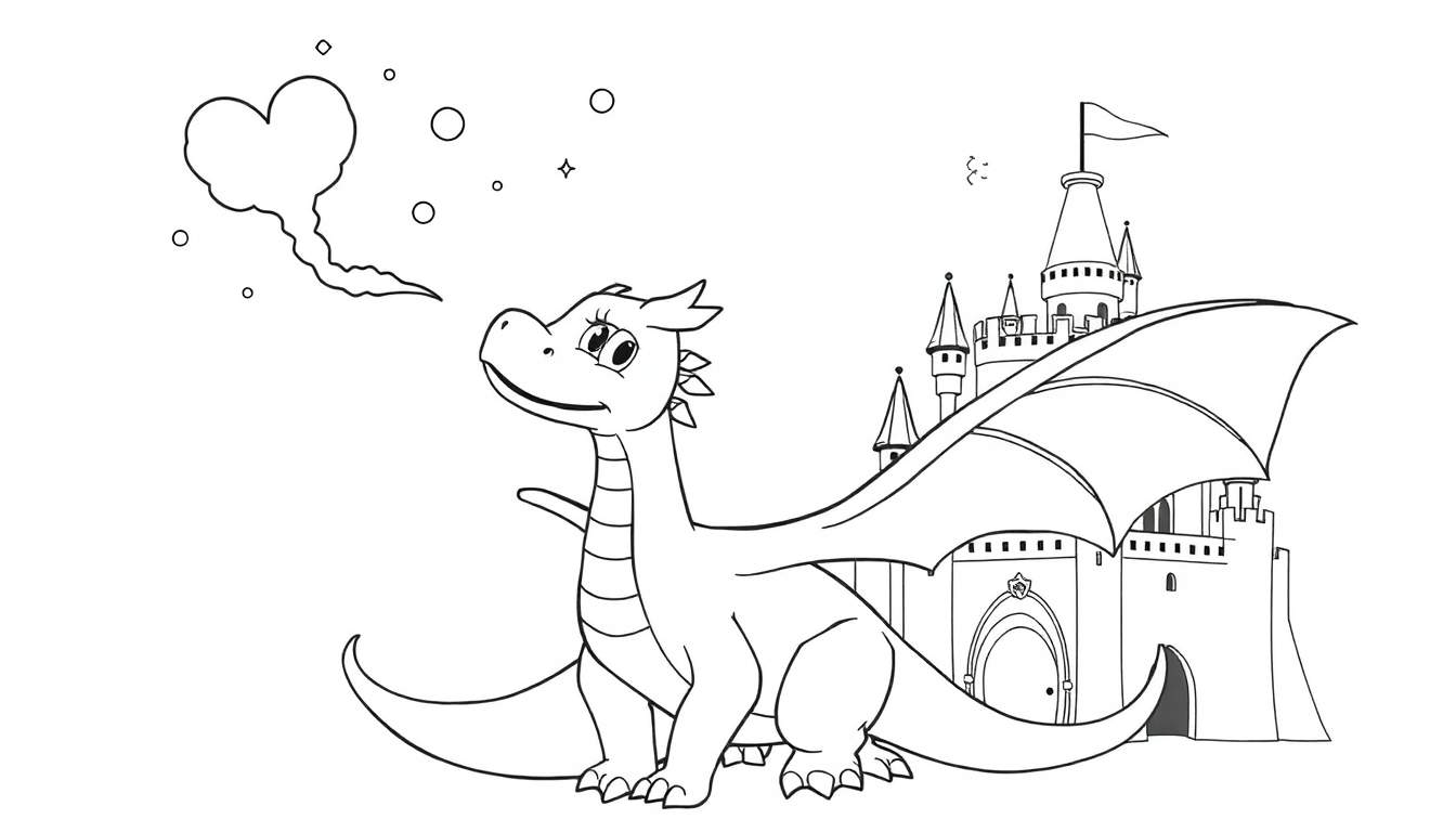 Dragon de dessin animé amical soufflant un cœur devant un château, prêt pour un color panel.