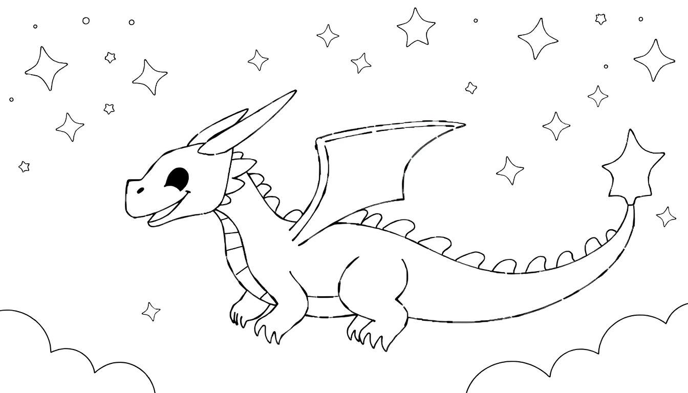 Un dessin de dragon de dessin animé mignon dans un ciel étoilé, parfait pour un color panel.