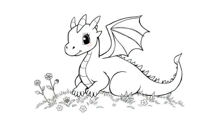 Dragon color panel joyeux assis dans l'herbe avec des fleurs.