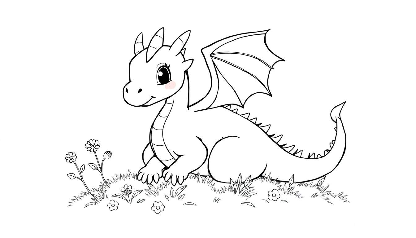 Dragon color panel joyeux assis dans l'herbe avec des fleurs.