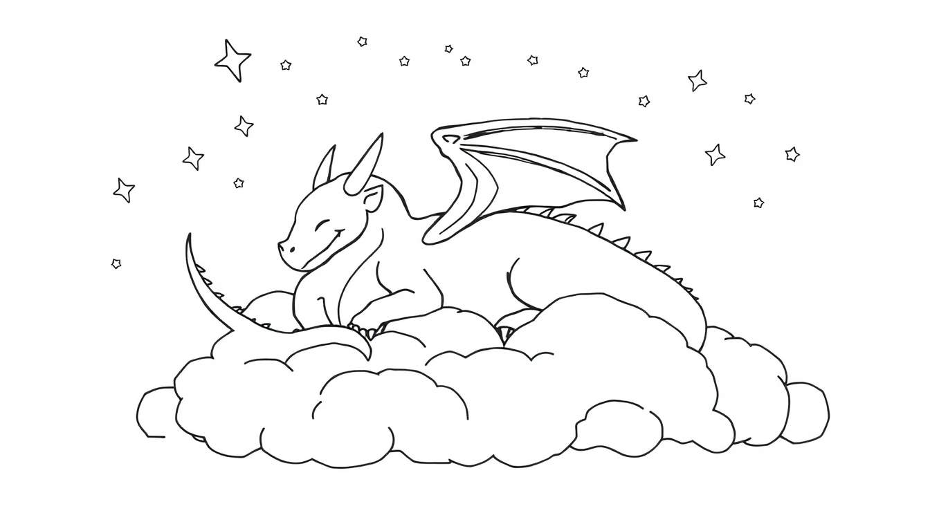 Un dragon endormi avec un sourire paisible sur un nuage, entouré d'étoiles.