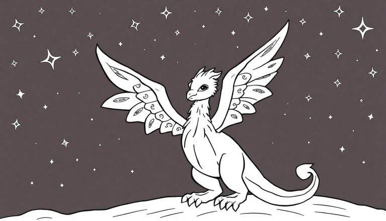 Dessin au trait d'un dragon blanc avec de petites ailes sur un fond étoilé, parfait pour un panneau de coloriage.