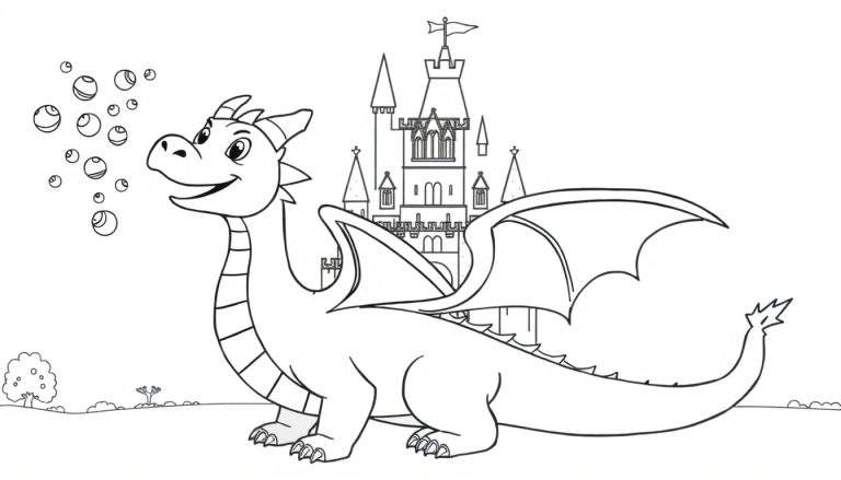 Dessin au trait d'un dragon joyeux soufflant des bulles colorées devant un château de conte de fées.