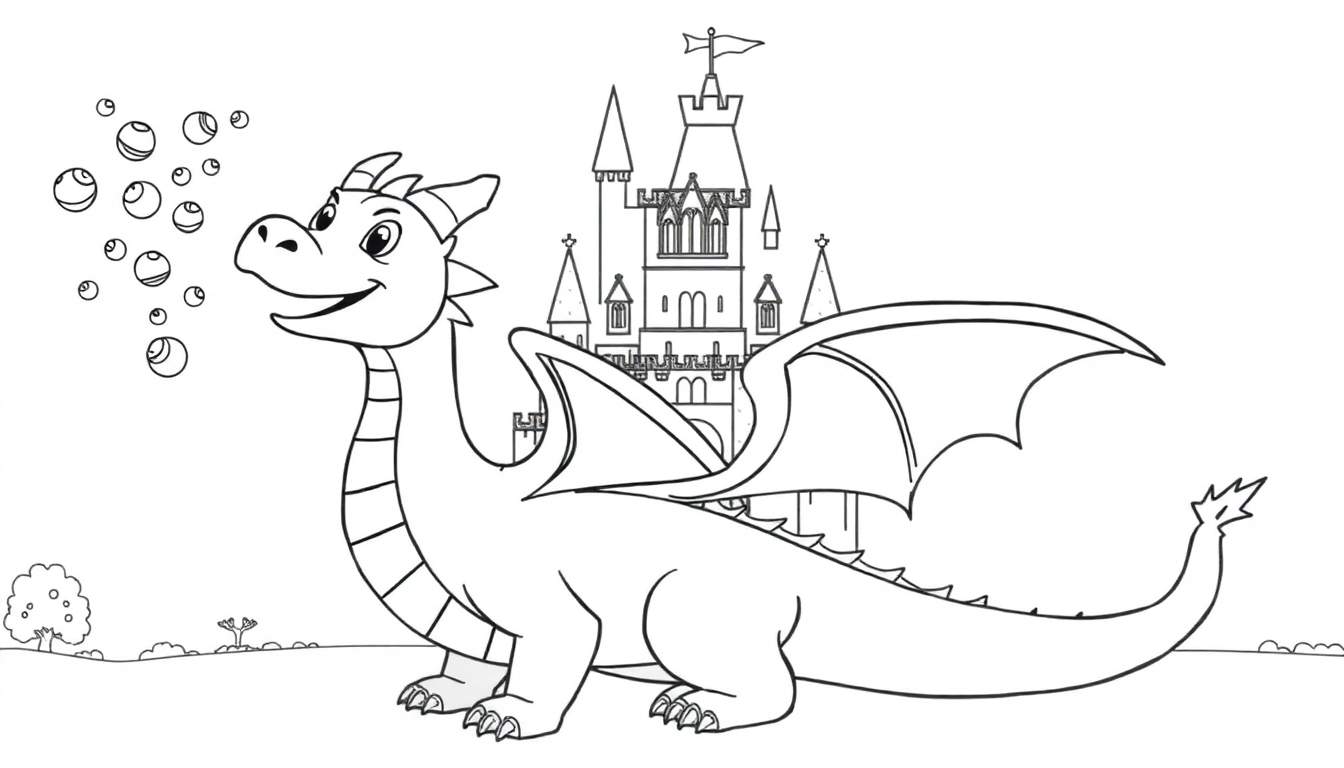 Dessin au trait d'un dragon joyeux soufflant des bulles colorées devant un château de conte de fées.
