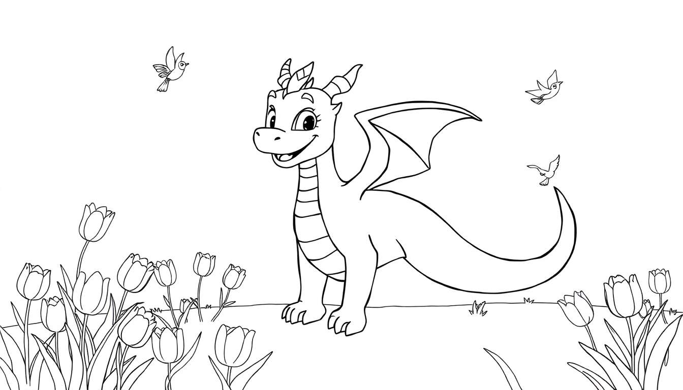 Dessin de dragon coloré dans un champ de tulipes