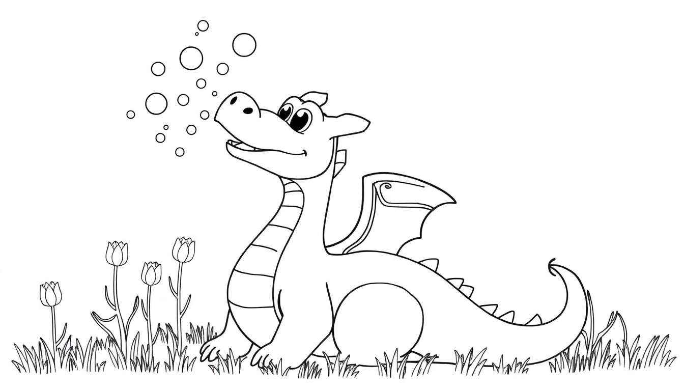 Un dessin au trait d'un dragon de dessin animé joyeux dans un champ d'herbe et de tulipes fermées, soufflant des bulles de savon, pour un color panel.