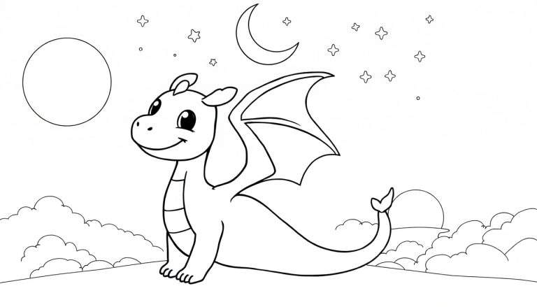 Un mignon dragon de dessin animé bleu est assis sur une colline sous un ciel nocturne étoilé, prêt pour une séance de coloriage dans notre color panel.