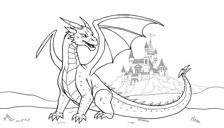 Dessin au trait d'un dragon assis devant un château sur une colline, prêt à être coloré avec un color panel.
